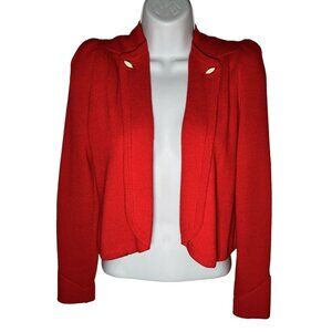 St. John Knit Vintage Jacket Open Front Cropped Cardigan Puff Sleeve Red XS